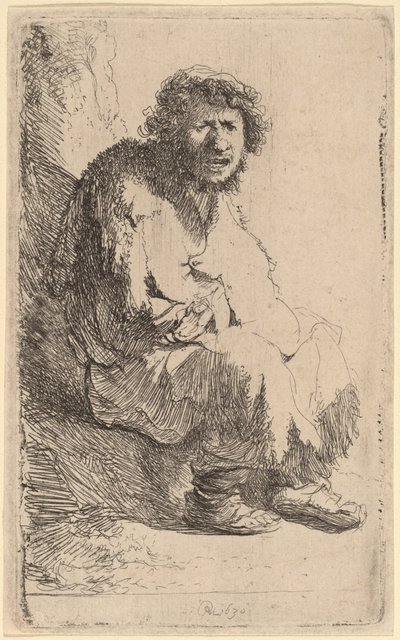 Bettler, der auf einer Bank sitzt von Rembrandt van Rijn
