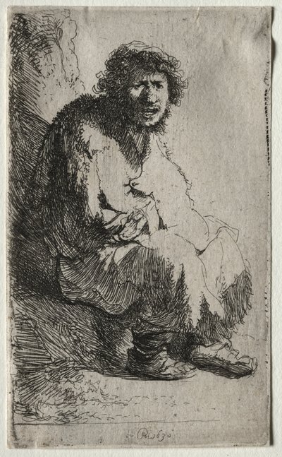 Bettler, der auf einem Ufer sitzt von Rembrandt van Rijn