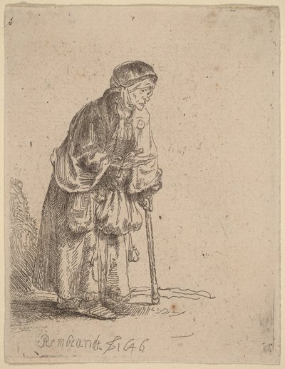 Bettlerin, die sich auf einen Stock lehnt von Rembrandt van Rijn