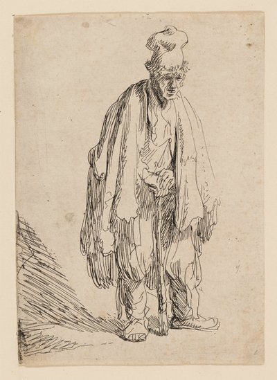 Bettler mit hoher Mütze, stehend und auf einen Stock gestützt von Rembrandt van Rijn