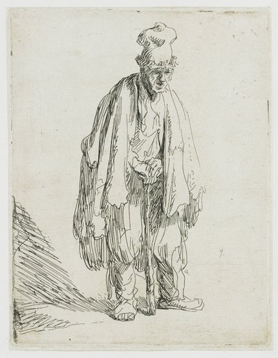 Bettler mit hoher Mütze, stehend und auf einen Stock gestützt von Rembrandt van Rijn