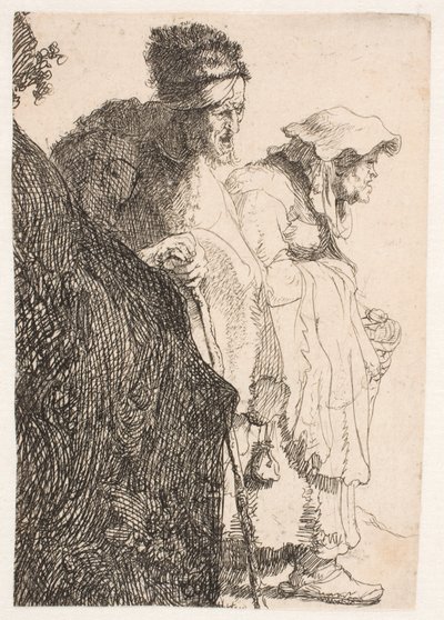 Bettler und Bettlerin hinter einem Damm von Rembrandt van Rijn