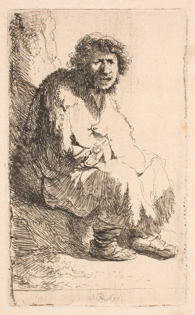 Bettler auf einer Bank sitzend von Rembrandt van Rijn