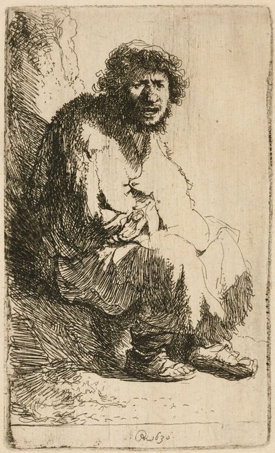 Bettler, der auf einem Ufer sitzt von Rembrandt van Rijn