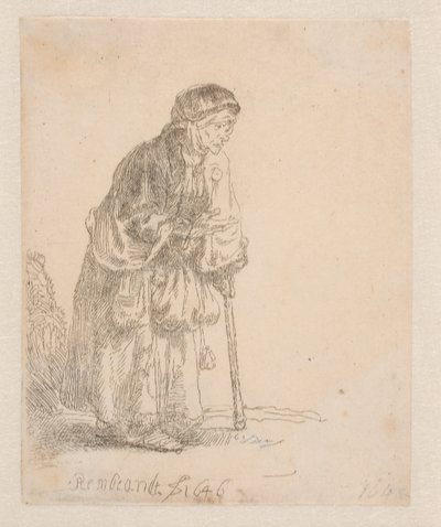 Bettlerin, die sich auf einen Stock stützt von Rembrandt van Rijn