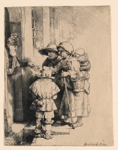 Bettler erhalten Almosen an der Tür eines Hauses von Rembrandt van Rijn