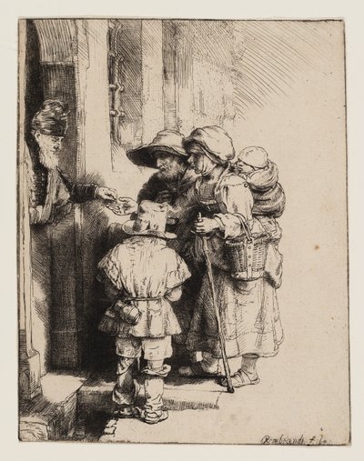 Bettler, die Almosen an der Tür eines Hauses empfangen von Rembrandt van Rijn