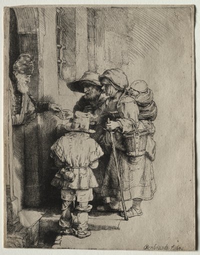 Bettler erhalten Almosen an der Tür eines Hauses von Rembrandt van Rijn