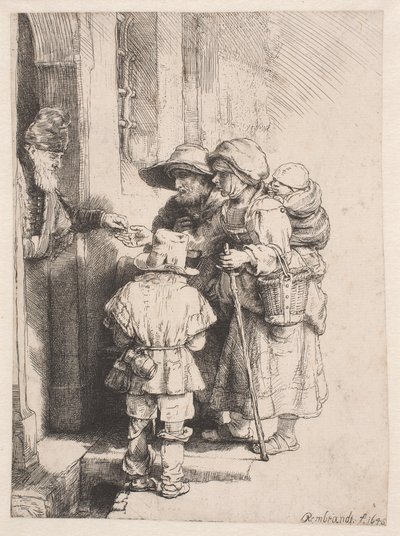 Bettler erhalten Almosen an der Tür eines Hauses von Rembrandt van Rijn
