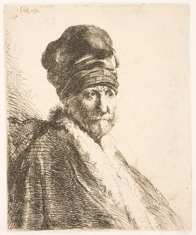 Büste eines Mannes (Rembrandts Vater?) mit hoher Mütze, Dreiviertelansicht von Rembrandt van Rijn