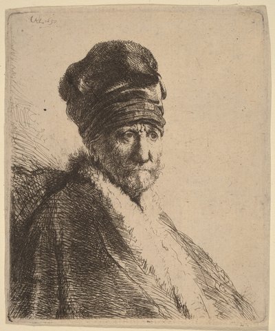 Büste eines Mannes mit hohem Hut, Dreiviertelansicht rechts (Der Vater des Künstlers?) von Rembrandt van Rijn
