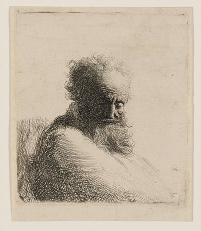 Büste eines alten bärtigen Mannes, der nach unten schaut, Dreiviertelansicht rechts von Rembrandt van Rijn