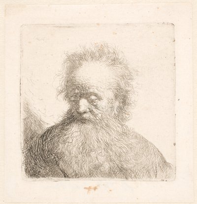 Büste eines alten Mannes mit fließendem Bart: Kopf fast aufrecht: Augen niedergeschlagen: leicht nach links blickend von Rembrandt van Rijn