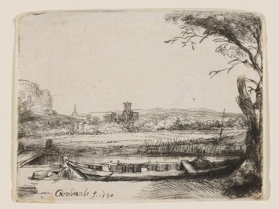 Kanal mit einem großen Boot und Brücke von Rembrandt van Rijn