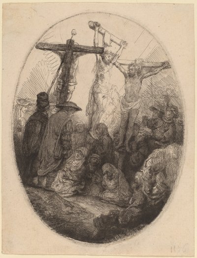 Christus gekreuzigt zwischen den beiden Dieben: eine ovale Platte von Rembrandt van Rijn