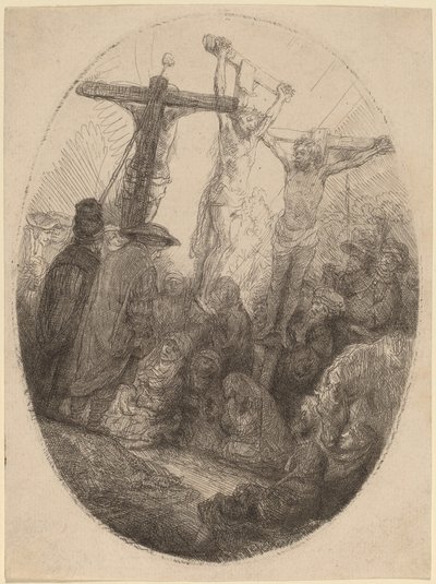 Christus zwischen den beiden Dieben gekreuzigt: eine ovale Platte von Rembrandt van Rijn