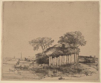 Hütte mit weißem Zaun von Rembrandt van Rijn
