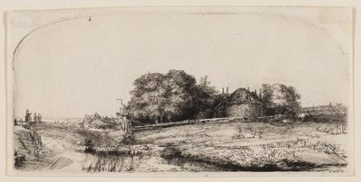Hütten und eine Heuscheune auf dem Diemerdijk mit einer Schafherde von Rembrandt van Rijn