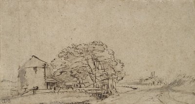 Bauernhofgebäude neben einer Straße mit entferntem Bauernhof, 1650-69 von Rembrandt van Rijn