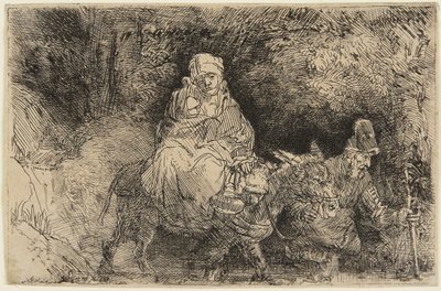 Flucht nach Ägypten: die Heilige Familie überquert einen Bach von Rembrandt van Rijn