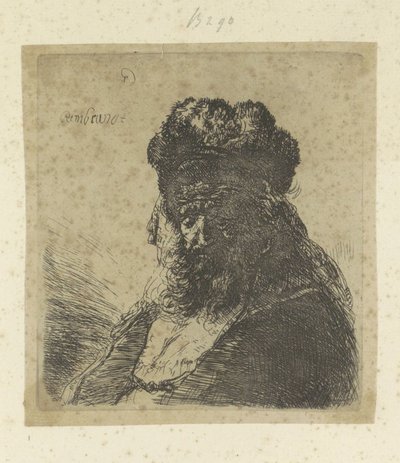 Bärtiger alter Mann mit hoher Pelzmütze und geschlossenen Augen von Rembrandt van Rijn