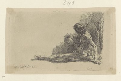 Junger Mann, auf dem Boden sitzend mit einem Bein ausgestreckt von Rembrandt van Rijn
