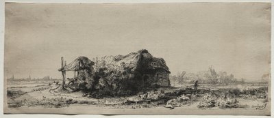 Landschaft mit einem Cottage und Heuscheune: Querformat, 1641 von Rembrandt van Rijn