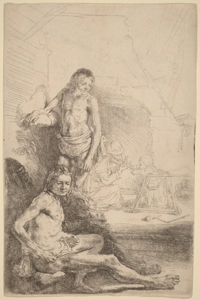 Nackter Mann sitzend und nackter Mann stehend, mit Frau und Baby im Hintergrund von Rembrandt van Rijn