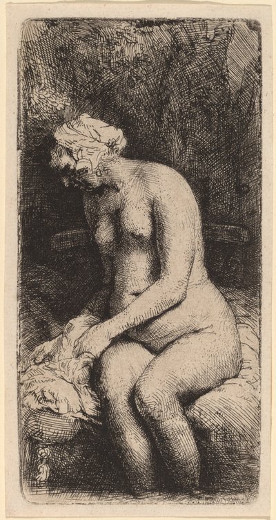 Nackte auf einer Bank mit Kissen sitzend (Frau badet ihre Füße an einem Bach) von Rembrandt van Rijn