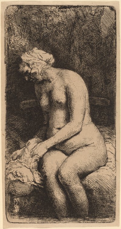 Nackte auf einer Bank mit einem Kissen (Frau, die ihre Füße an einem Bach badet) von Rembrandt van Rijn