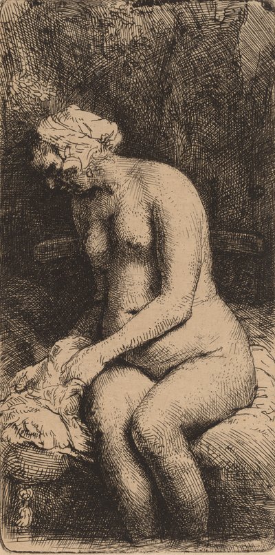 Nackte auf einer Bank sitzend mit einem Kissen, Frau badet ihre Füße an einem Bach (1658) von Rembrandt van Rijn