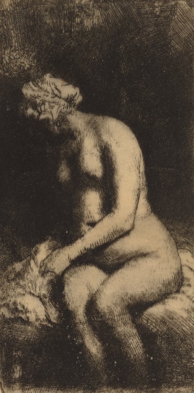Akt, sitzend auf einer Bank mit einem Kissen, Frau badet ihre Füße an einem Bach, 1658 von Rembrandt van Rijn