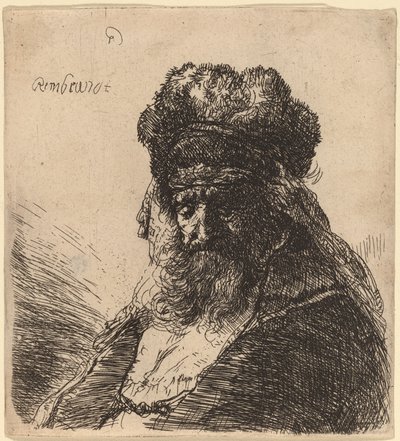 Alter bärtiger Mann mit geschlossenen Augen und hoher Pelzmütze von Rembrandt van Rijn