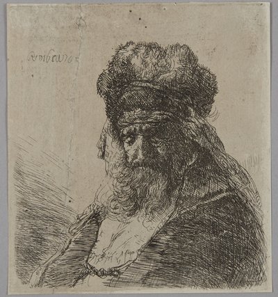 Alter bärtiger Mann mit hoher Pelzmütze, mit geschlossenen Augen von Rembrandt van Rijn