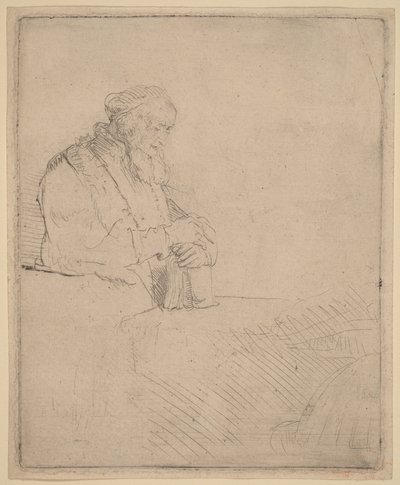 Alter Mann in Meditation, auf ein Buch gelehnt von Rembrandt van Rijn