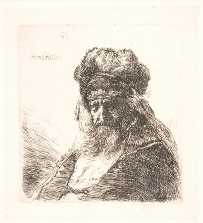 Alter bärtiger Mann mit hoher Pelzmütze, mit geschlossenen Augen von Rembrandt van Rijn