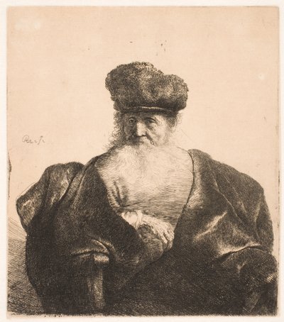 Alter Mann sitzend, mit fließendem Bart, Pelzmütze und Samtumhang von Rembrandt van Rijn