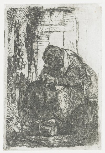Alte Frau mit Zwiebeln, sitzend in einer Hütte von Rembrandt van Rijn