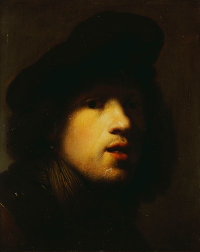 Porträt des Künstlers, Kopf und Schultern, mit schwarzem Barett und Harnisch von Rembrandt van Rijn