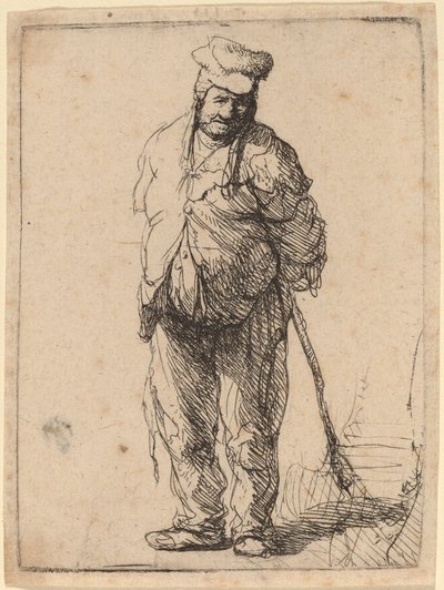 Zerlumpter Bauer mit hinter dem Rücken verschränkten Händen, der einen Stock hält von Rembrandt van Rijn