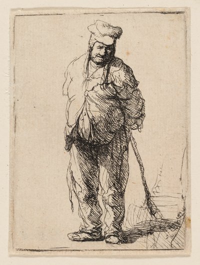 Zerlumpter Bauer mit hinter dem Rücken verschränkten Händen, der einen Stock hält von Rembrandt van Rijn