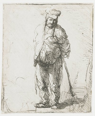 Zerlumpter Bauer mit hinter dem Rücken verschränkten Händen, einen Stock haltend von Rembrandt van Rijn