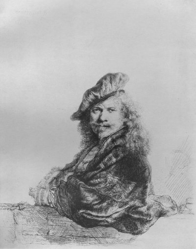 Rembrandt, der sich auf eine Steinschwelle lehnt, 1639 von Rembrandt van Rijn