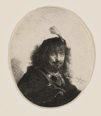 Rembrandt mit Federhut und gesenktem Säbel von Rembrandt van Rijn