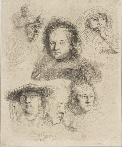Rembrandts Frau und fünf andere Köpfe, 1636 von Rembrandt van Rijn