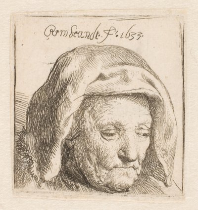 Rembrandts Mutter in einer Stoffhaube, nach unten blickend: nur Kopf von Rembrandt van Rijn