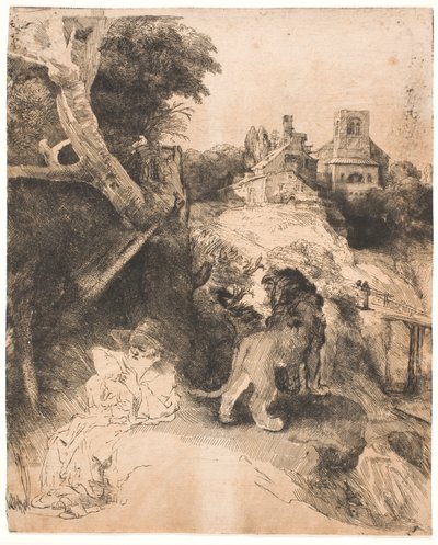 S. Hieronymus beim Lesen in einer italienischen Landschaft von Rembrandt van Rijn