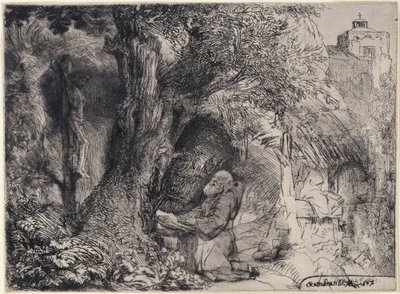 Der heilige Franziskus betet unter einem Baum von Rembrandt van Rijn