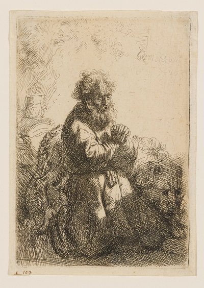 Der heilige Hieronymus kniend im Gebet, nach unten blickend von Rembrandt van Rijn