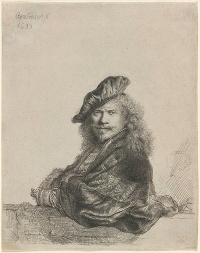 Selbstporträt, auf einen Steinsims gelehnt von Rembrandt van Rijn